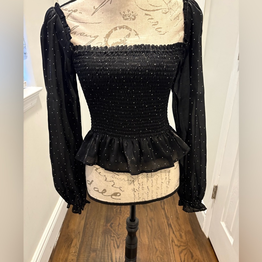 Wayf Black Smocked Blouse with Polka Dot Detail
